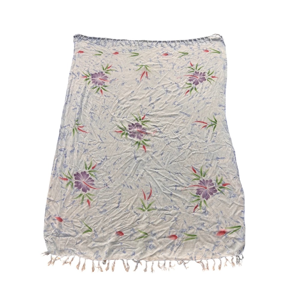 Hibiscus Collection Sarong Wrap Womens OS Blue Floral Hand Painted Batik Fringe
